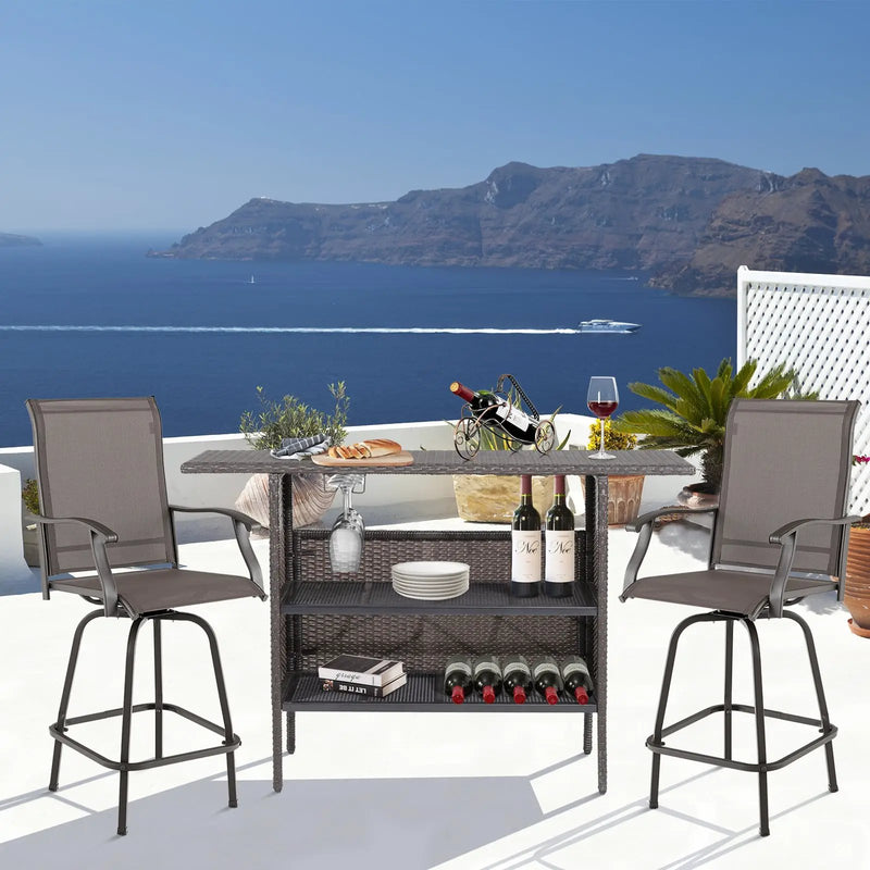 Outdoor Wicker Bar Table with 2 Metal Mesh Shelves by DirectDeals