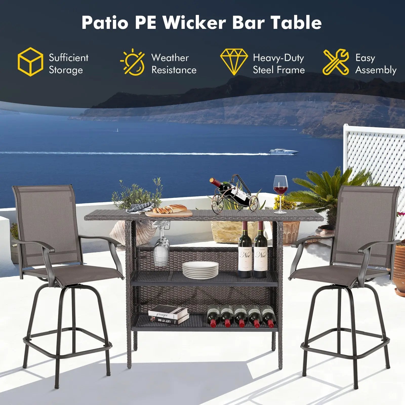 Outdoor Wicker Bar Table with 2 Metal Mesh Shelves by DirectDeals