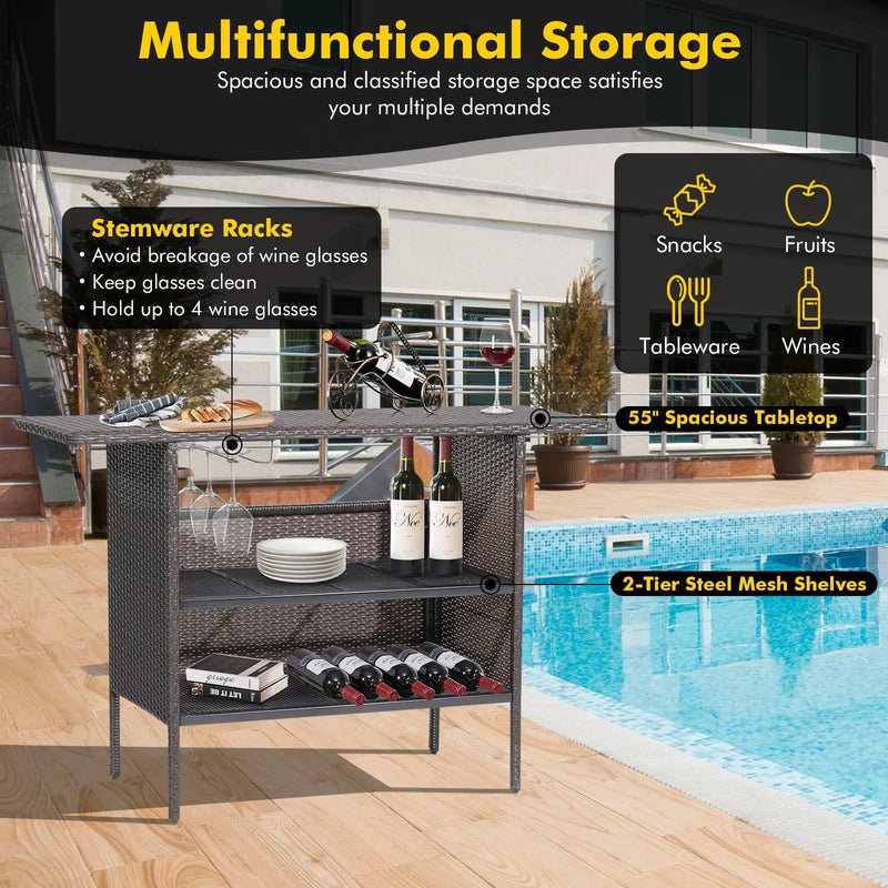 Outdoor Wicker Bar Table with 2 Metal Mesh Shelves by DirectDeals