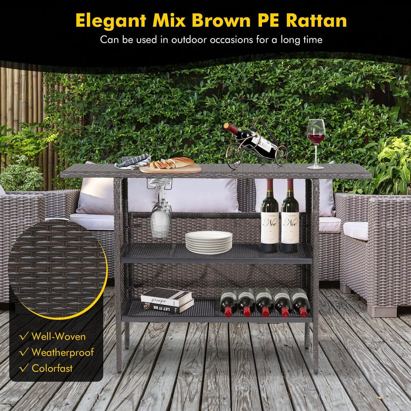 Outdoor Wicker Bar Table with 2 Metal Mesh Shelves by DirectDeals