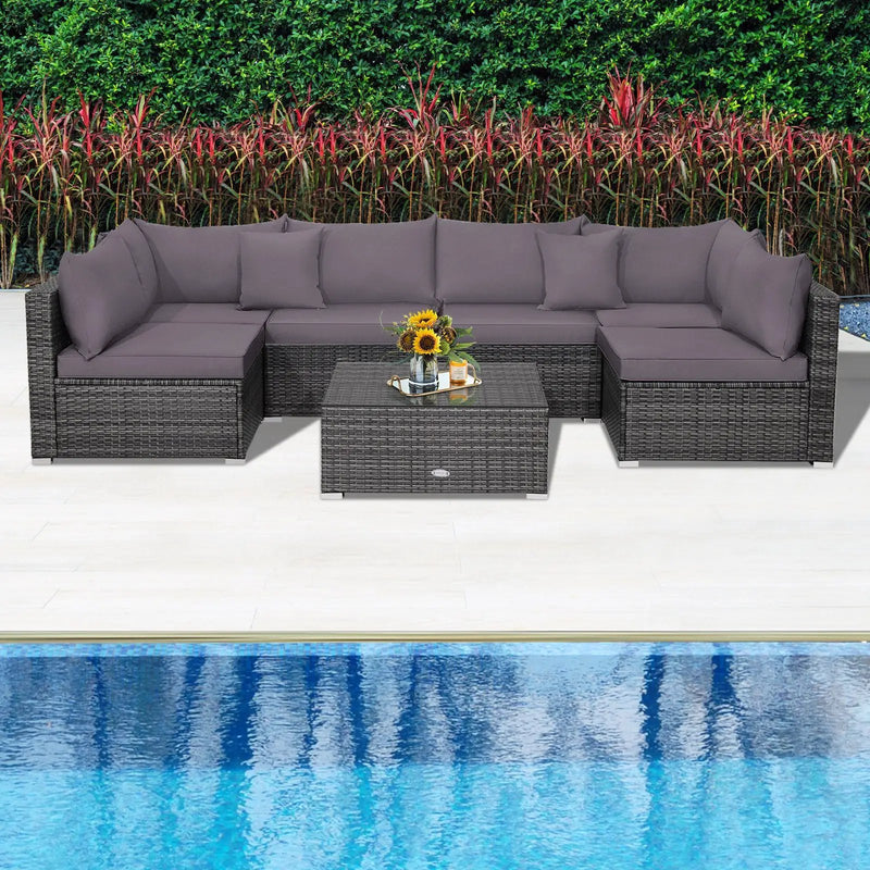 7 Pieces Patio Rattan Furniture Set Sectional Sofa Garden Cushion by DirectDeals