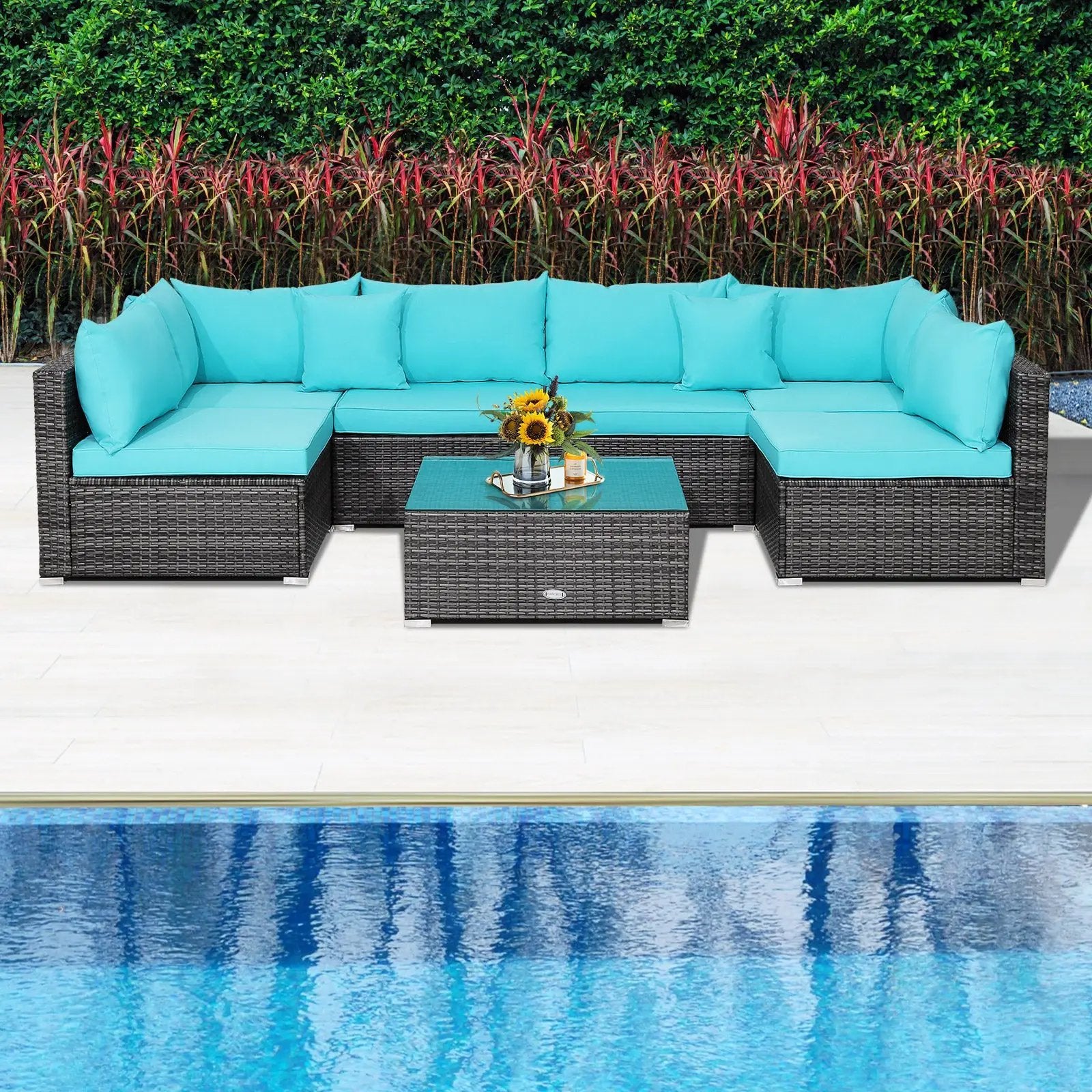 7 Pieces Patio Rattan Furniture Set Sectional Sofa Garden Cushion by DirectDeals