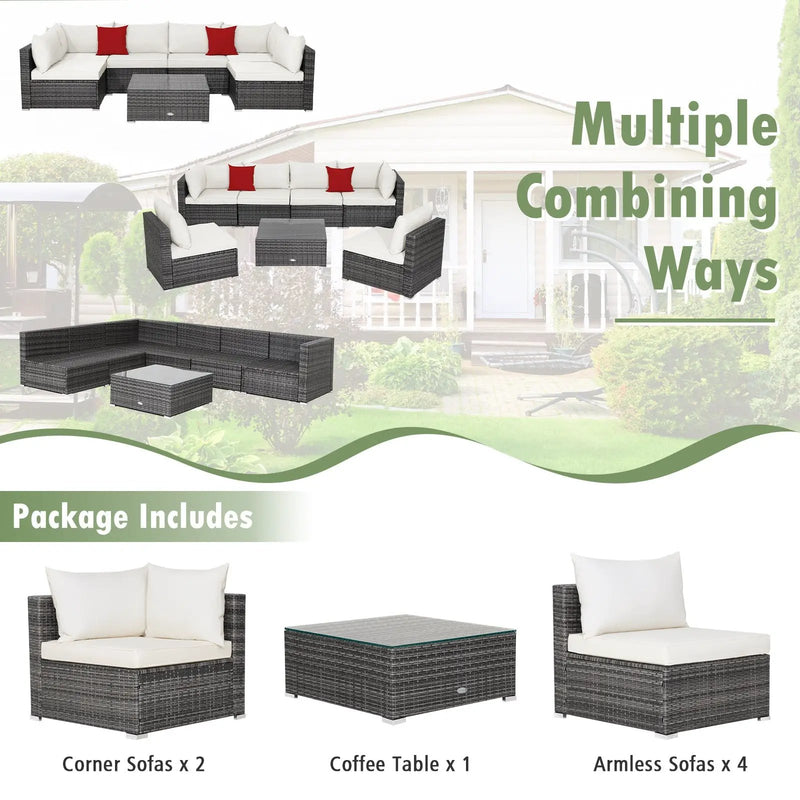 7 Pieces Patio Rattan Furniture Set Sectional Sofa Garden Cushion by DirectDeals