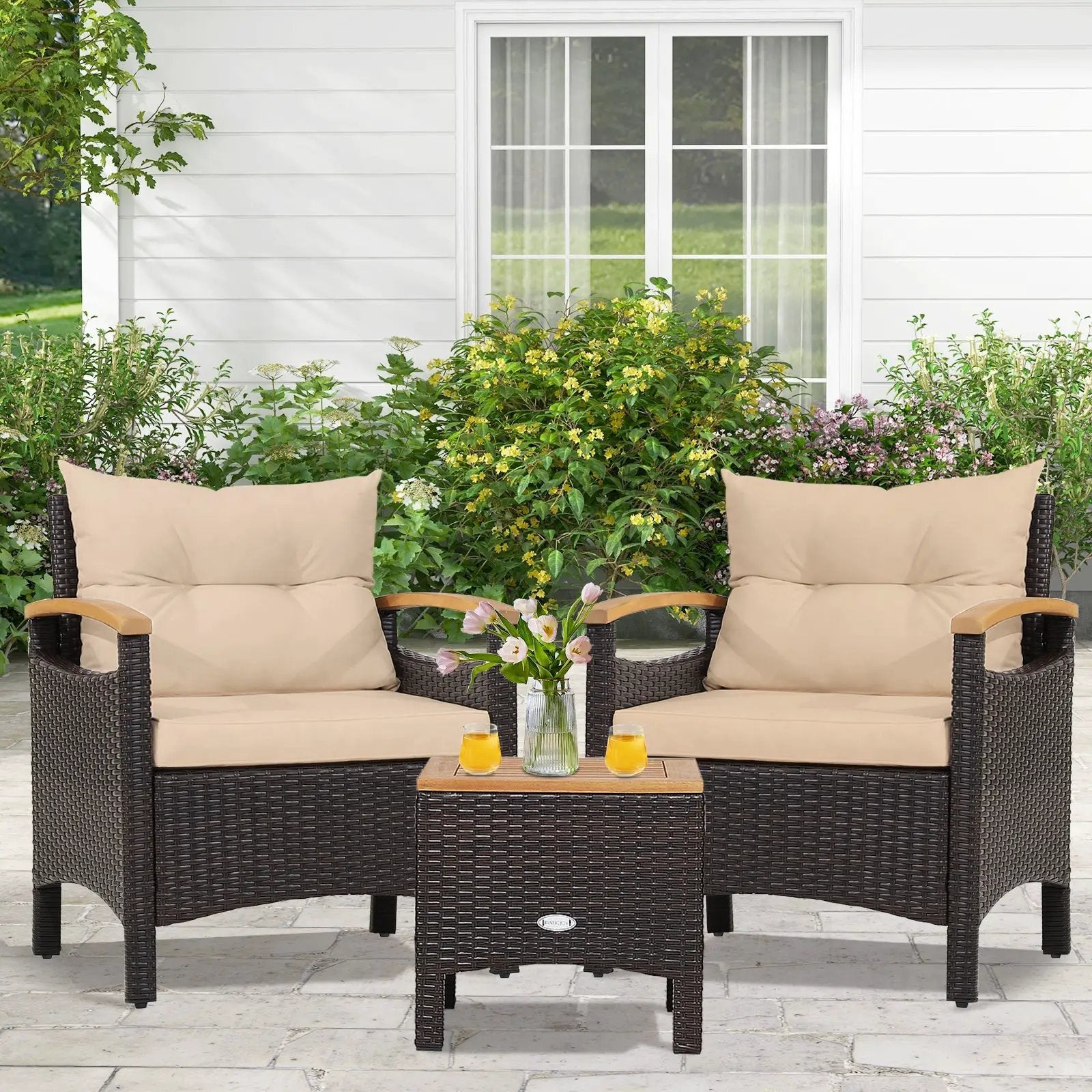 3 Pieces Patio Rattan Furniture Set with Removable Cushion by DirectDeals