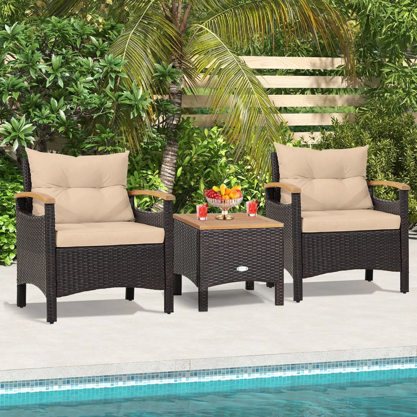 3 Pieces Patio Rattan Furniture Set with Removable Cushion by DirectDeals