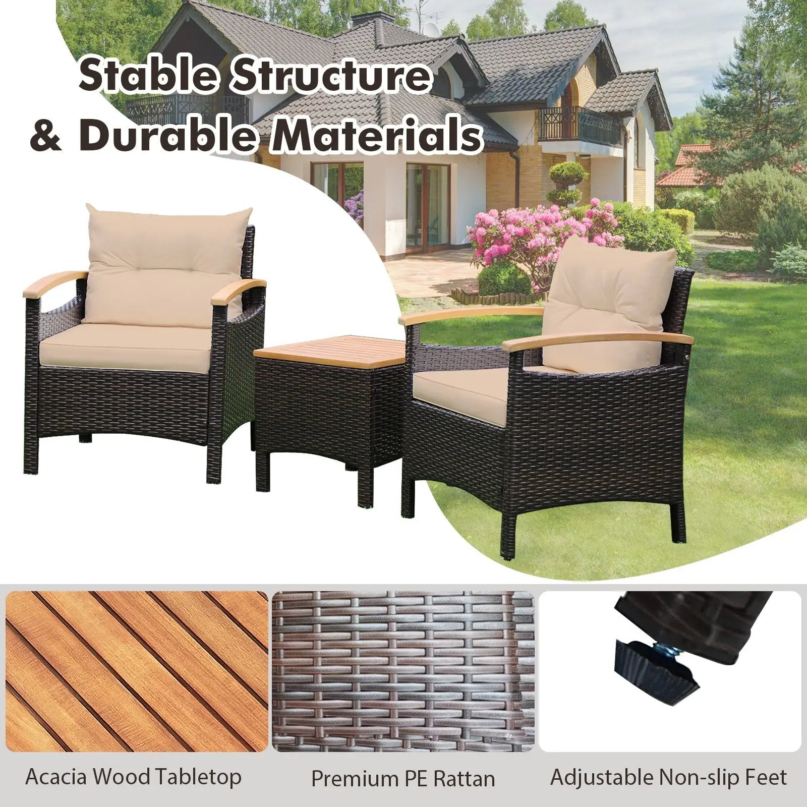 3 Pieces Patio Rattan Furniture Set with Removable Cushion by DirectDeals