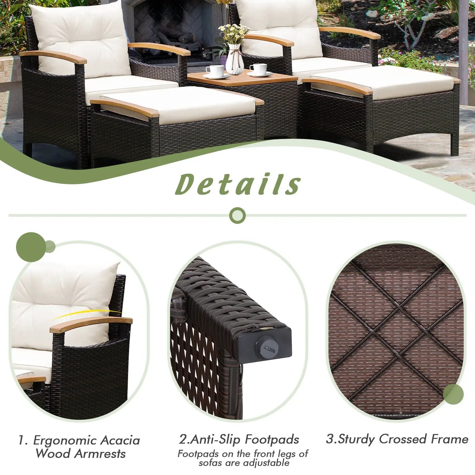 5 Pieces Patio Conversation Set with Cushions Coffee Table and 2 Ottomans by DirectDeals
