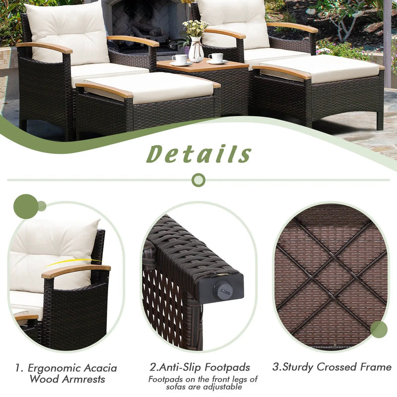 5 Pieces Patio Conversation Set with Cushions Coffee Table and 2 Ottomans by DirectDeals