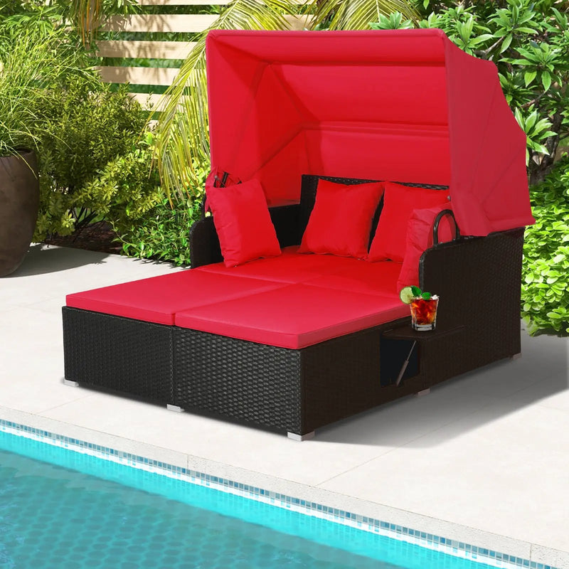 Patio Rattan Daybed with Retractable Canopy and Side Tables by DirectDeals