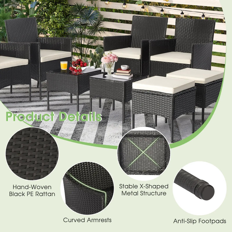 8 Pieces Patio Wicker Conversation Set with 2 Coffee Tables and 2 Ottomans by DirectDeals