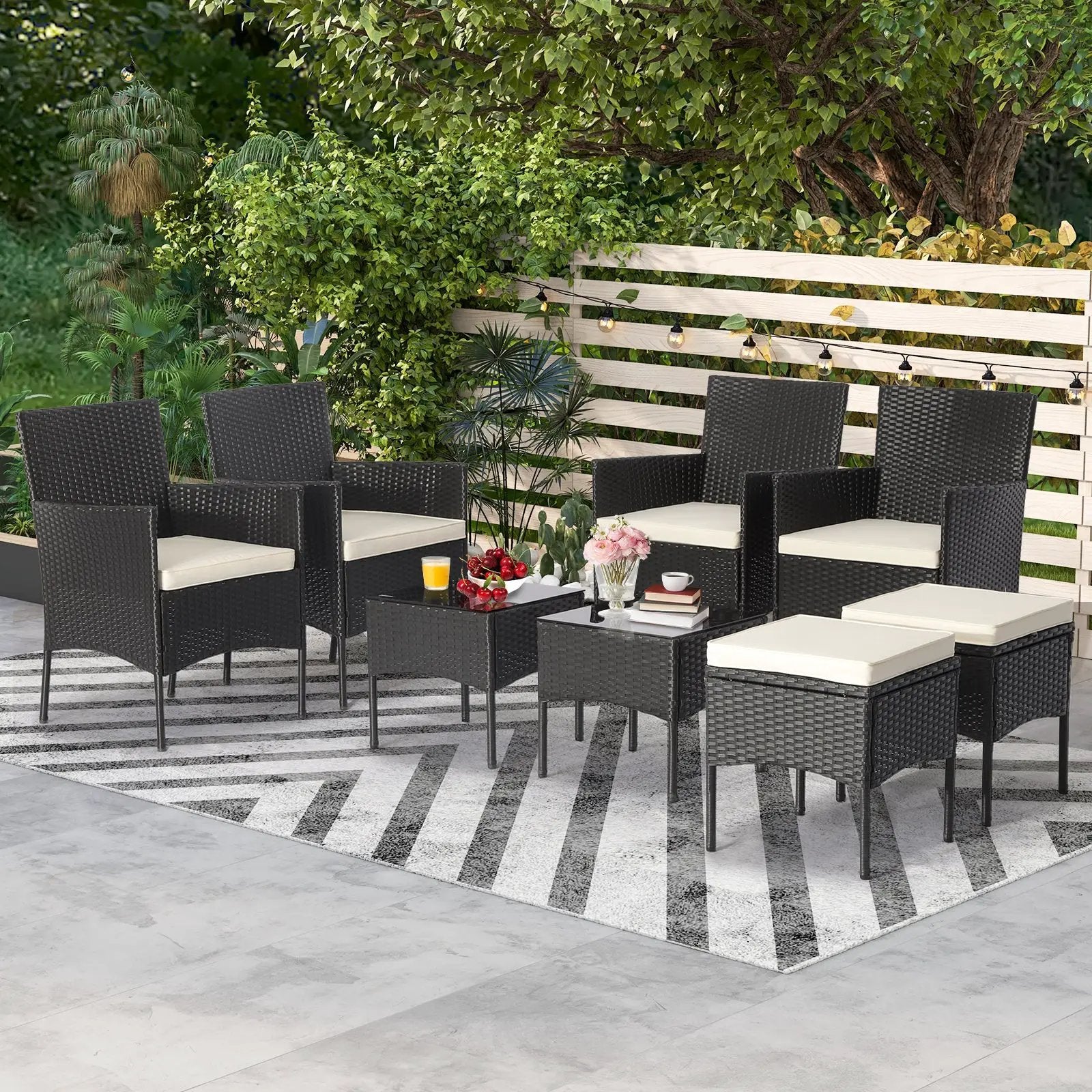 8 Pieces Patio Wicker Conversation Set with 2 Coffee Tables and 2 Ottomans by DirectDeals