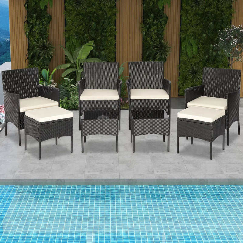 8 Pieces Patio Wicker Conversation Set with 2 Coffee Tables and 2 Ottomans by DirectDeals