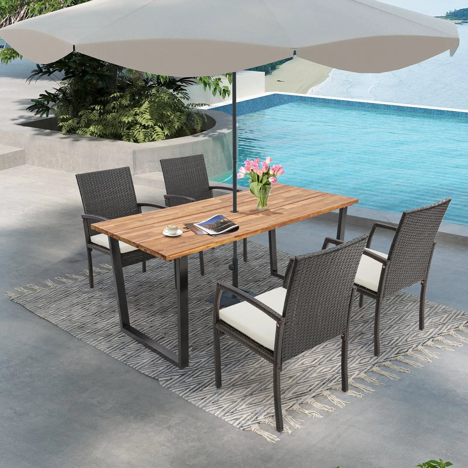 6-Person Acacia Wood Outdoor Dining Table with 2 Inch Umbrella Hole by DirectDeals