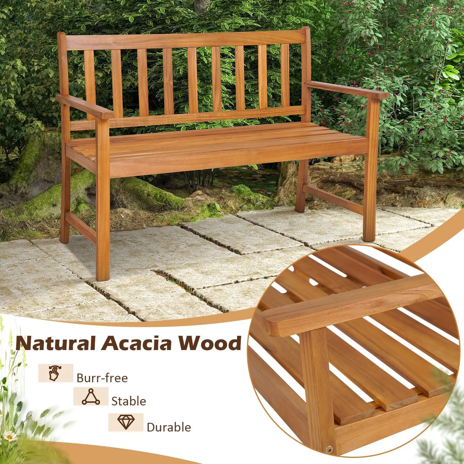 2-Person Outdoor Acacia Wood Bench with Backrest by DirectDeals