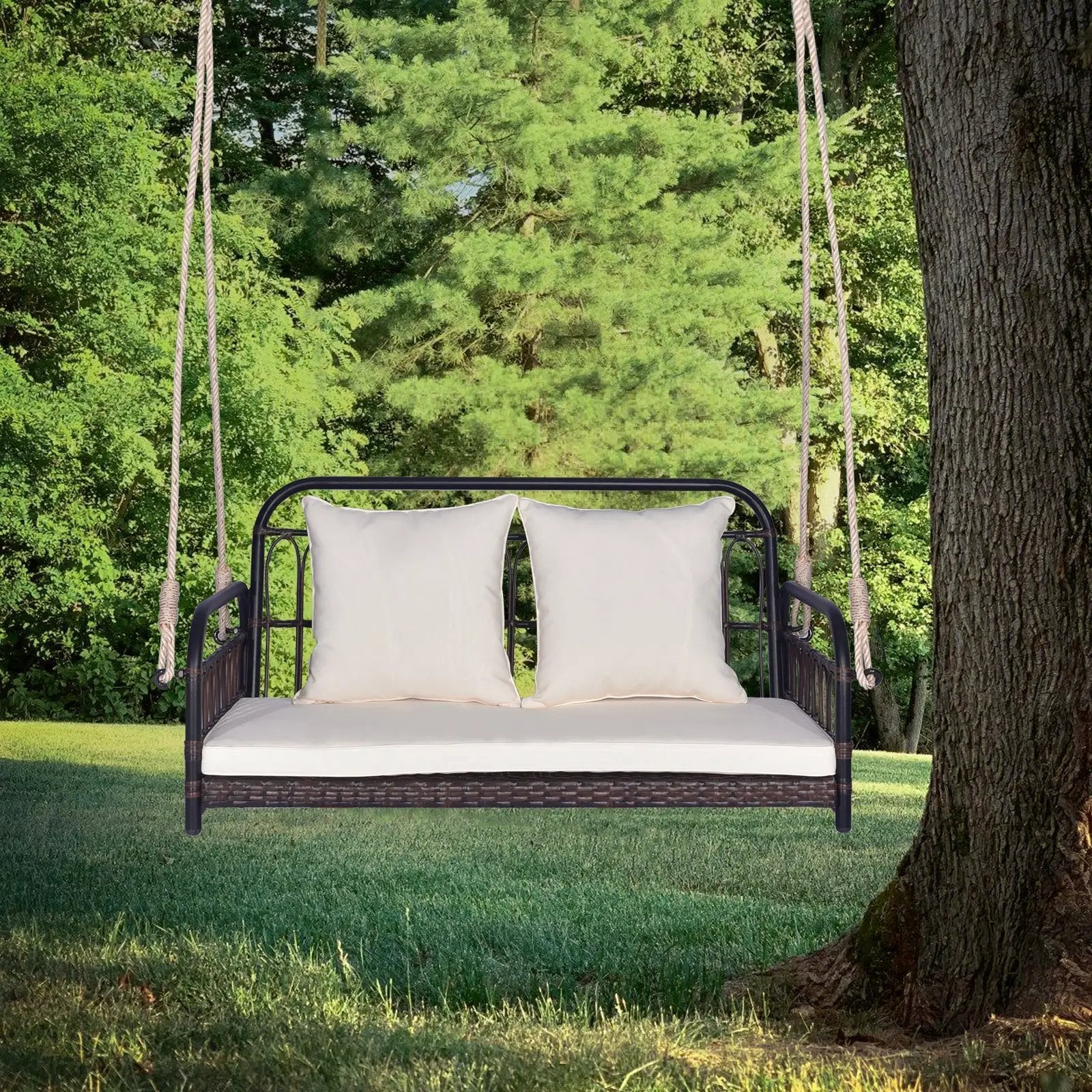 880LBS Wicker Hanging Porch Swing with Cushions-White by DirectDeals
