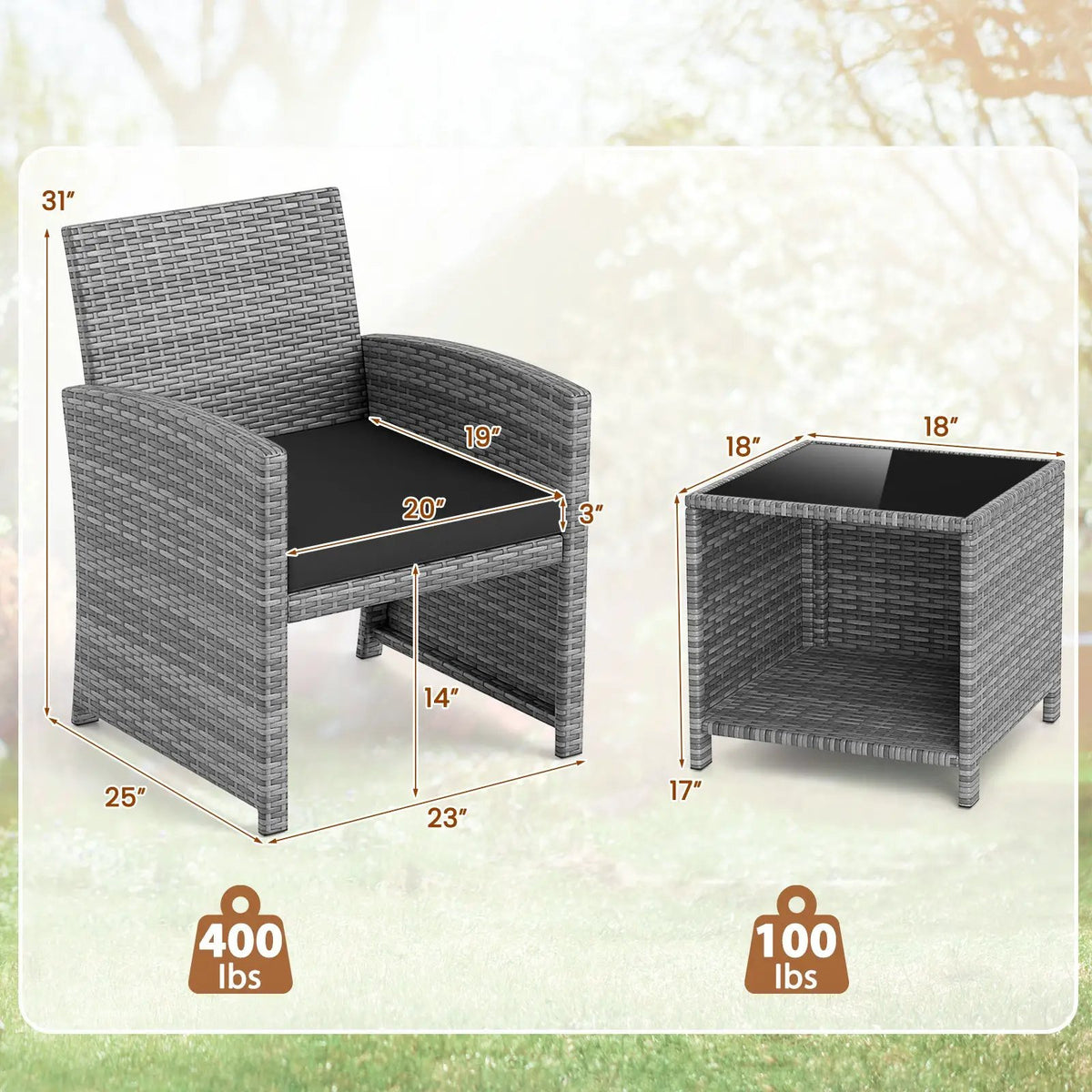 3 Pieces Patio Furniture Set with Tempered Glass Coffee Table and Soft Seat Cushions, photo 5 of 9