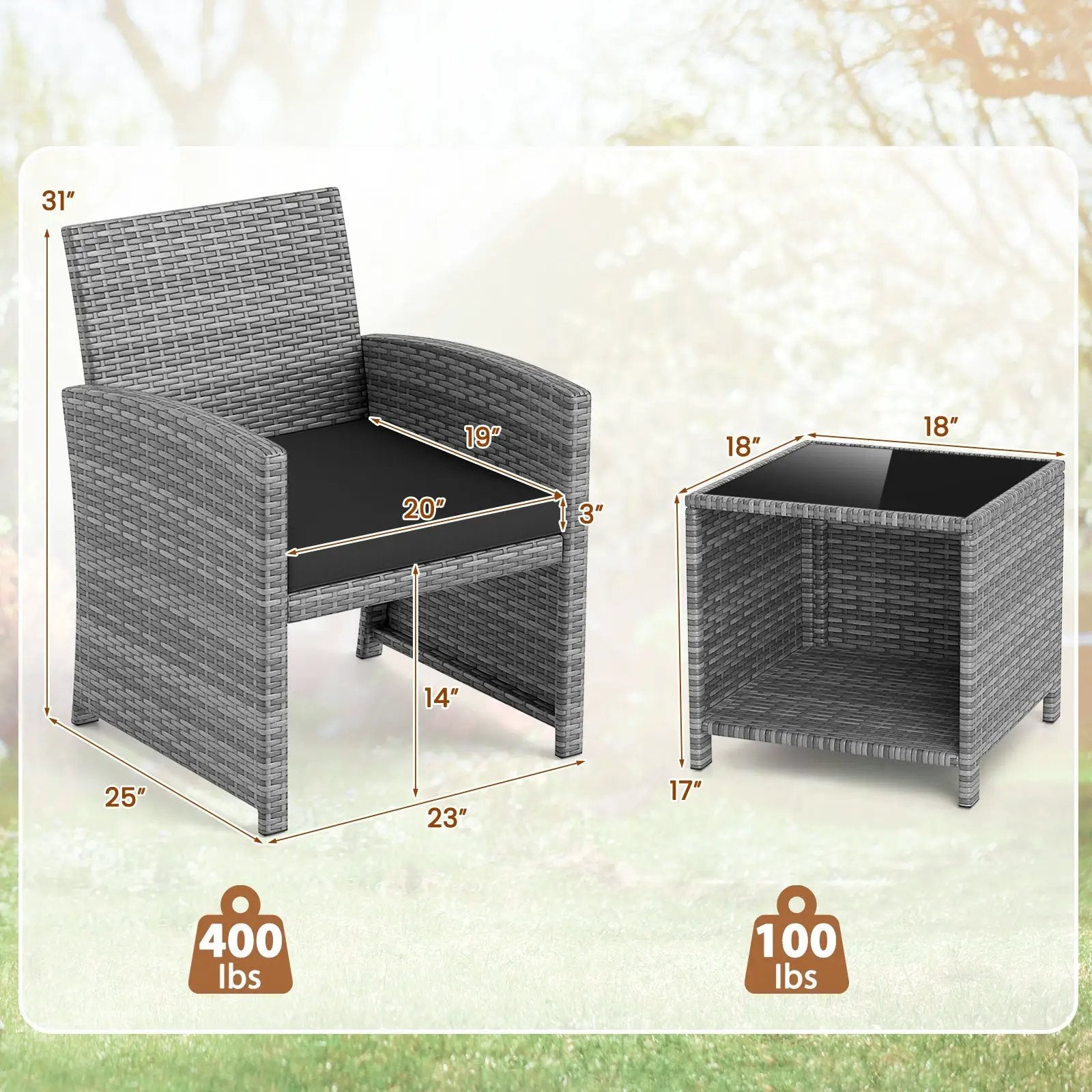 3 Pieces Patio Furniture Set with Tempered Glass Coffee Table and Soft Seat Cushions by DirectDeals