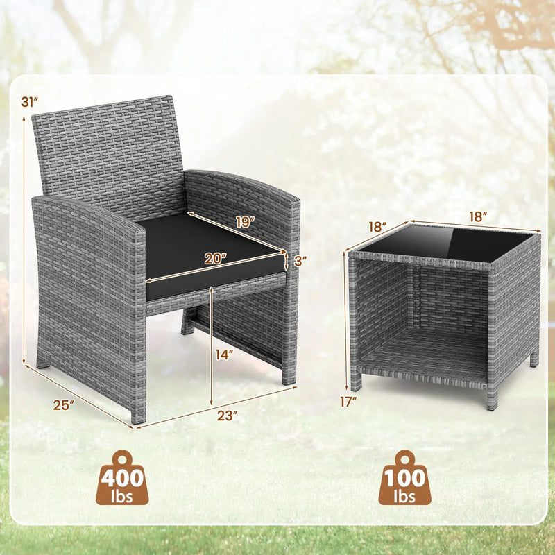 3 Pieces Patio Furniture Set with Tempered Glass Coffee Table and Soft Seat Cushions by DirectDeals