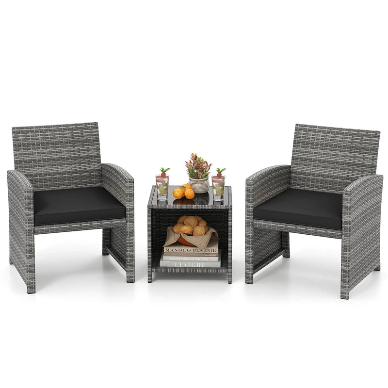 3 Pieces Patio Furniture Set with Tempered Glass Coffee Table and Soft Seat Cushions by DirectDeals