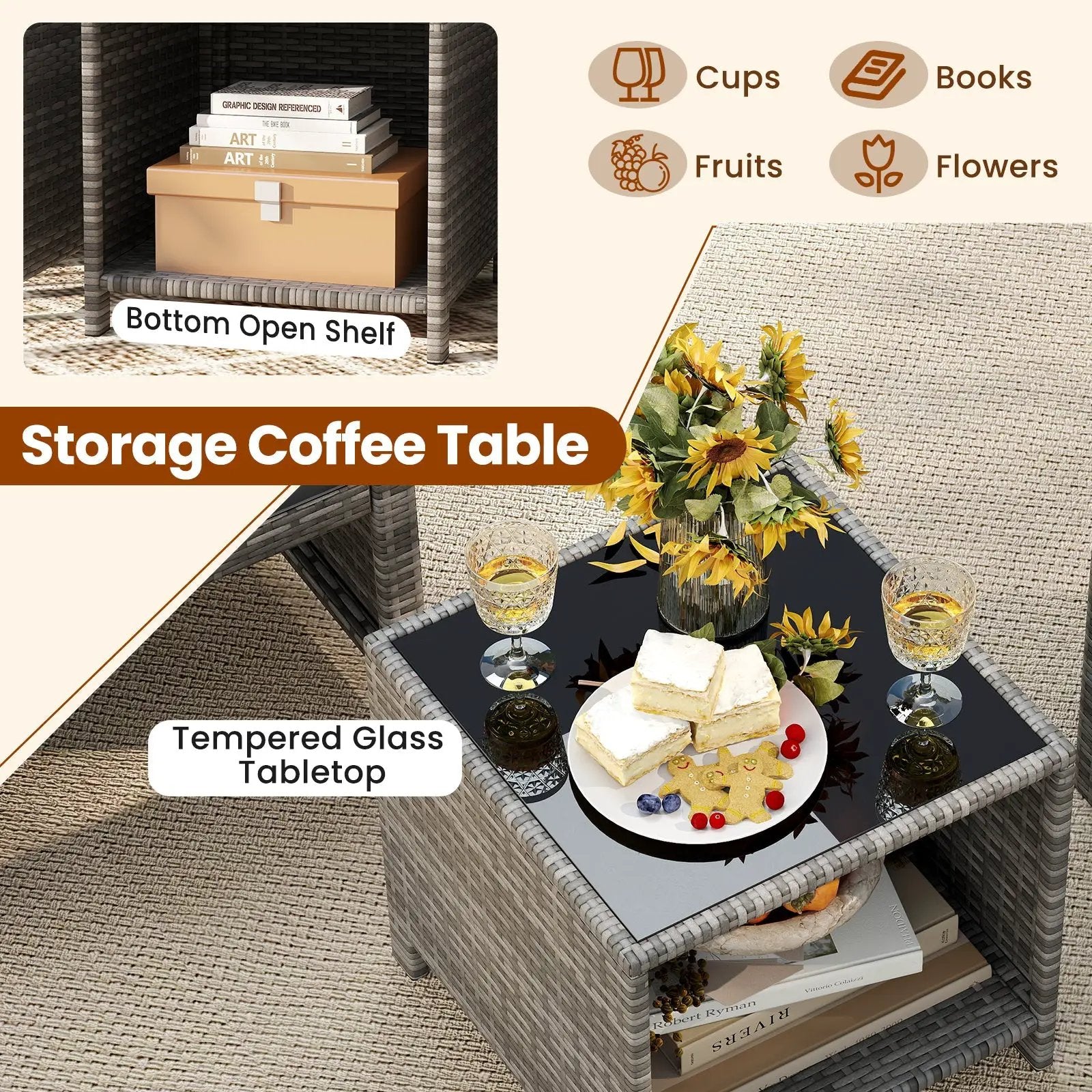 3 Pieces Patio Furniture Set with Tempered Glass Coffee Table and Soft Seat Cushions by DirectDeals
