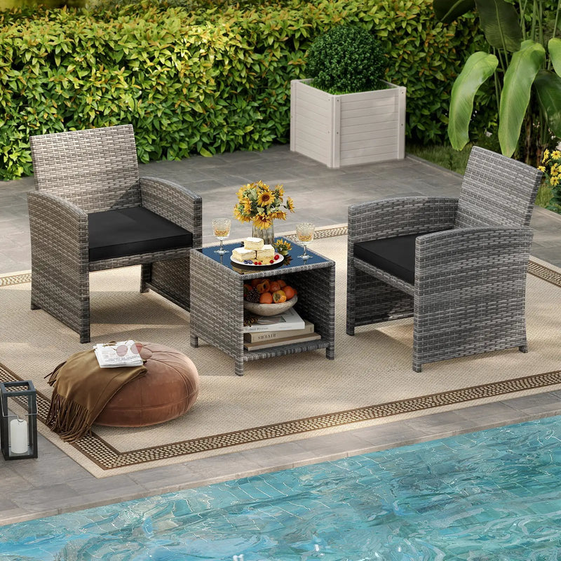 3 Pieces Patio Furniture Set with Tempered Glass Coffee Table and Soft Seat Cushions by DirectDeals