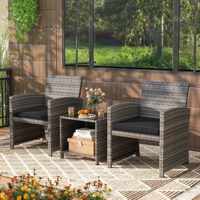 3 Pieces Patio Furniture Set with Tempered Glass Coffee Table and Soft Seat Cushions by DirectDeals