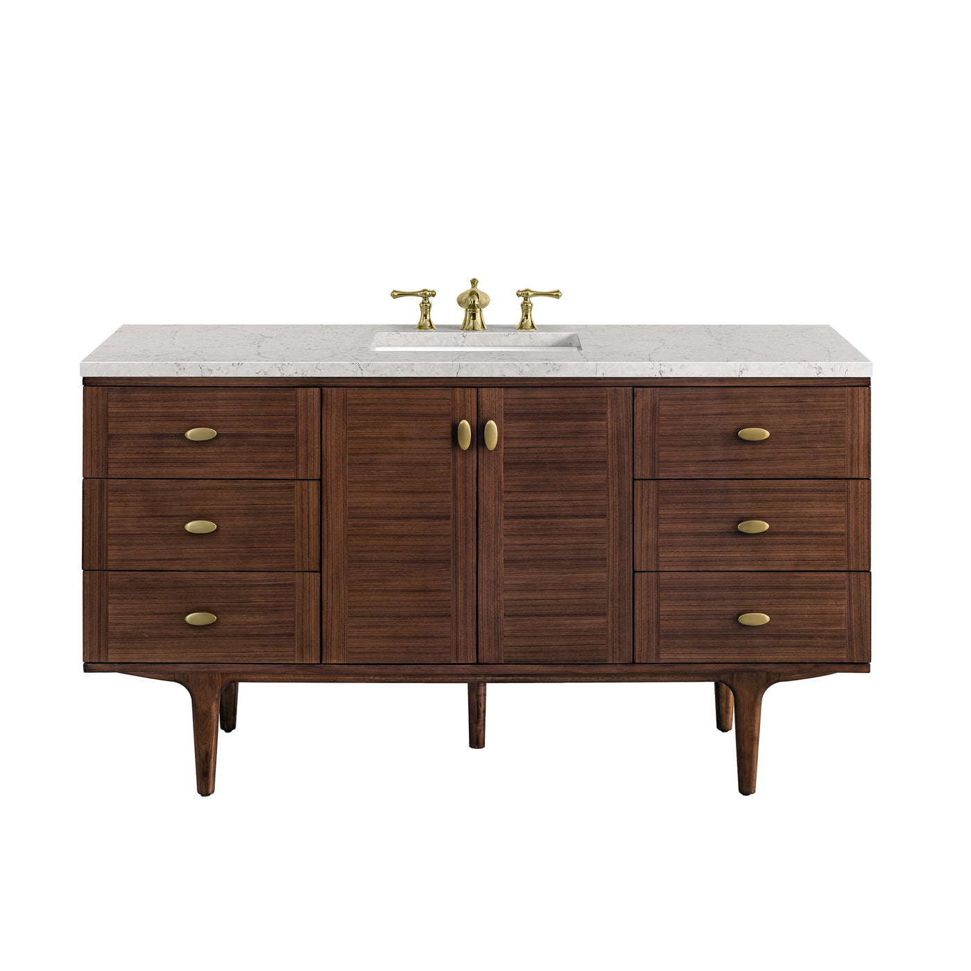 James Martin Amberly 60" Dual Mount Single Bathroom Vanity, Mid-Century Walnut with Eternal Jasmine Pearl (FreePower) countertop