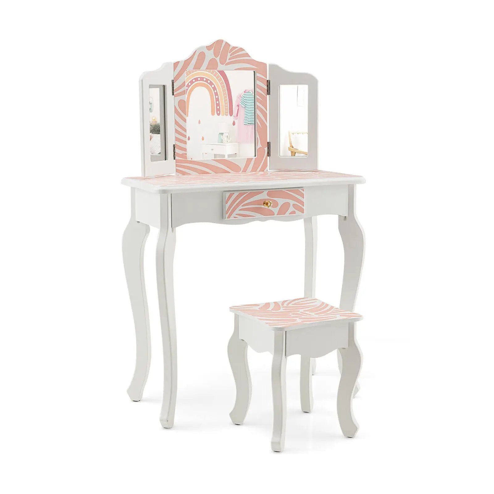 2-in-1 Kids Vanity Table Set with Tri-folding Mirror-Pink by DirectDeals