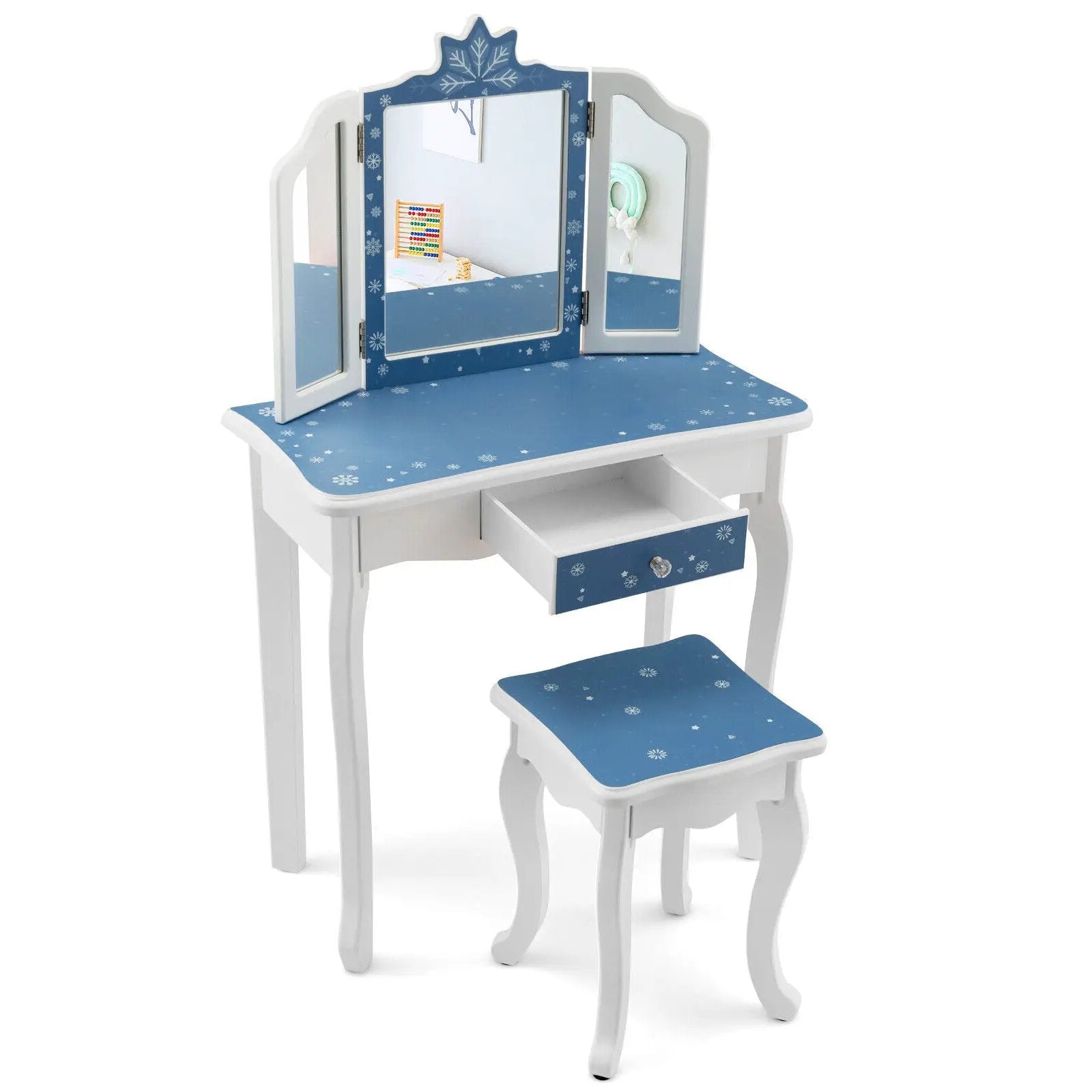 Princess Vanity Table and Chair Set with Tri-Folding Mirror and Snowflake Print-Blue by DirectDeals