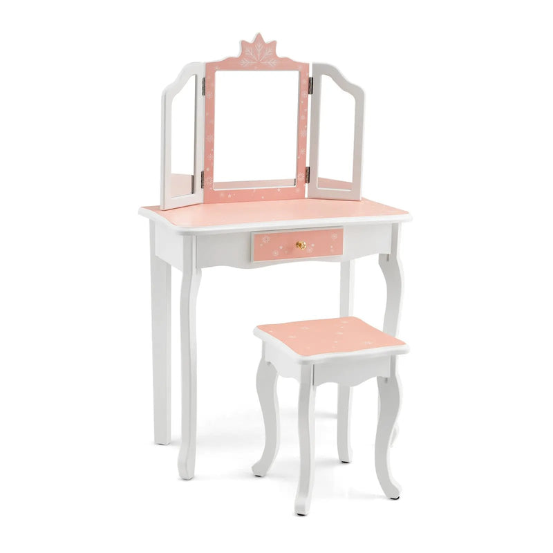 Princess Vanity Table and Chair Set with Tri-Folding Mirror and Snowflake Print-Pink by DirectDeals