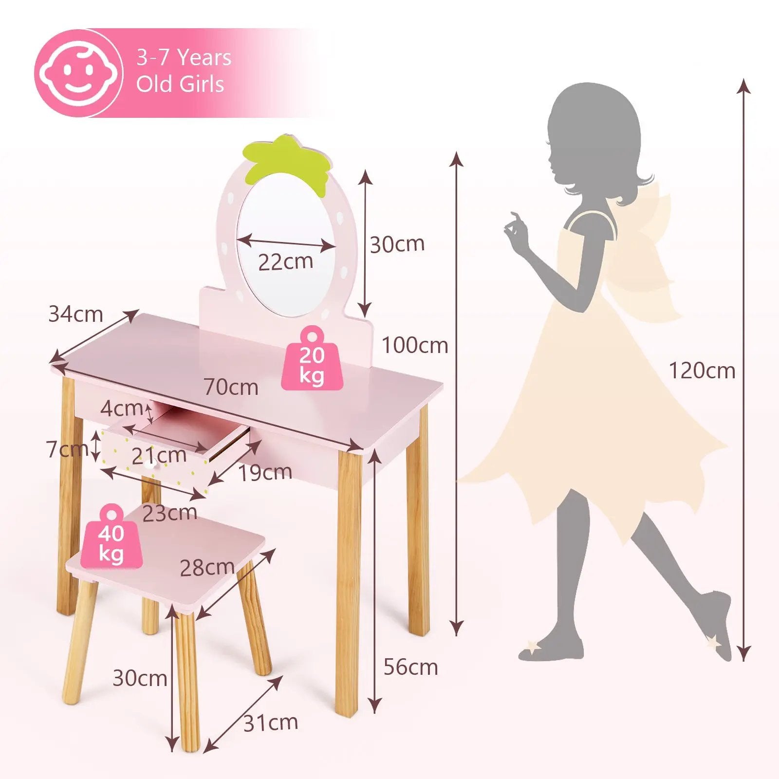 2-in-1 Children Vanity Table Stool Set with Mirror-Pink by DirectDeals