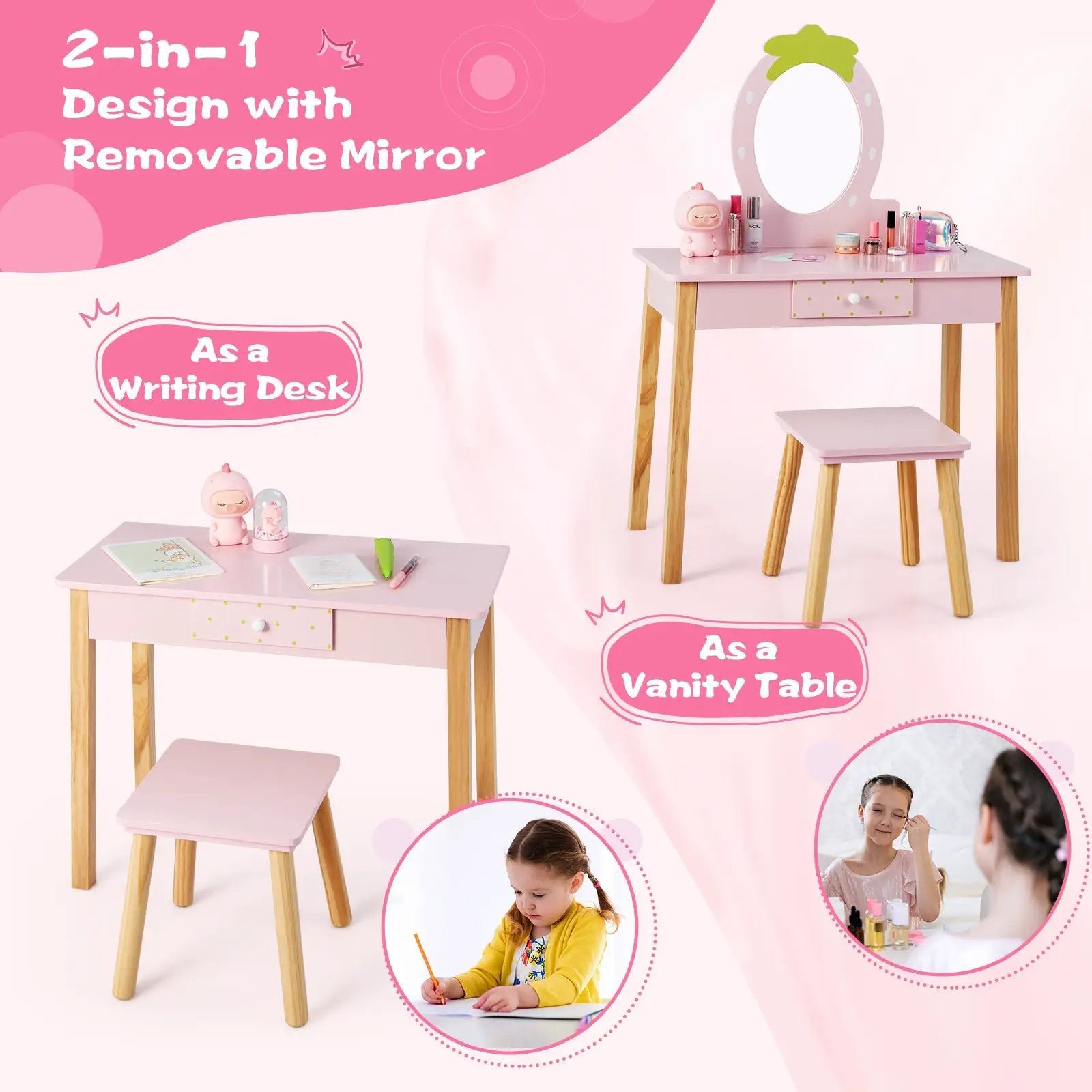 2-in-1 Children Vanity Table Stool Set with Mirror-Pink by DirectDeals