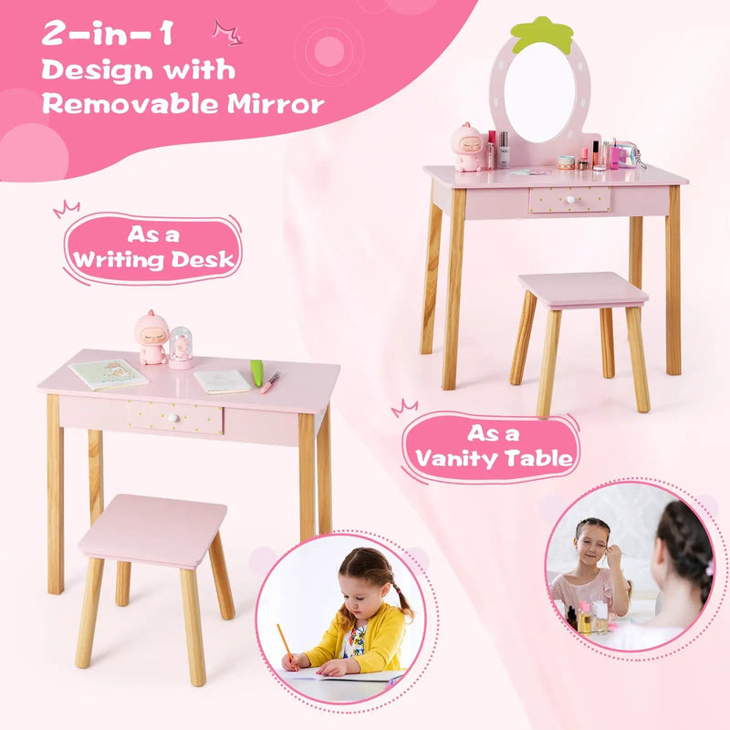2-in-1 Children Vanity Table Stool Set with Mirror-Pink by DirectDeals