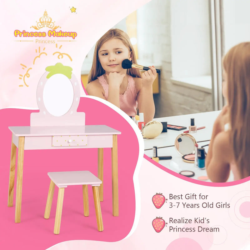 2-in-1 Children Vanity Table Stool Set with Mirror-Pink by DirectDeals