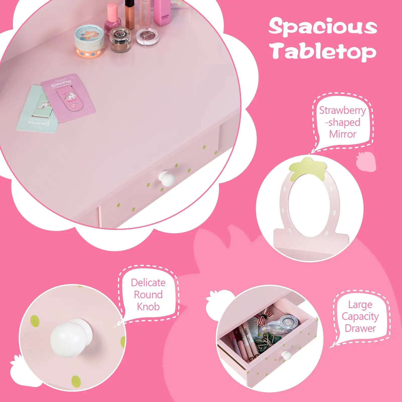 2-in-1 Children Vanity Table Stool Set with Mirror-Pink by DirectDeals