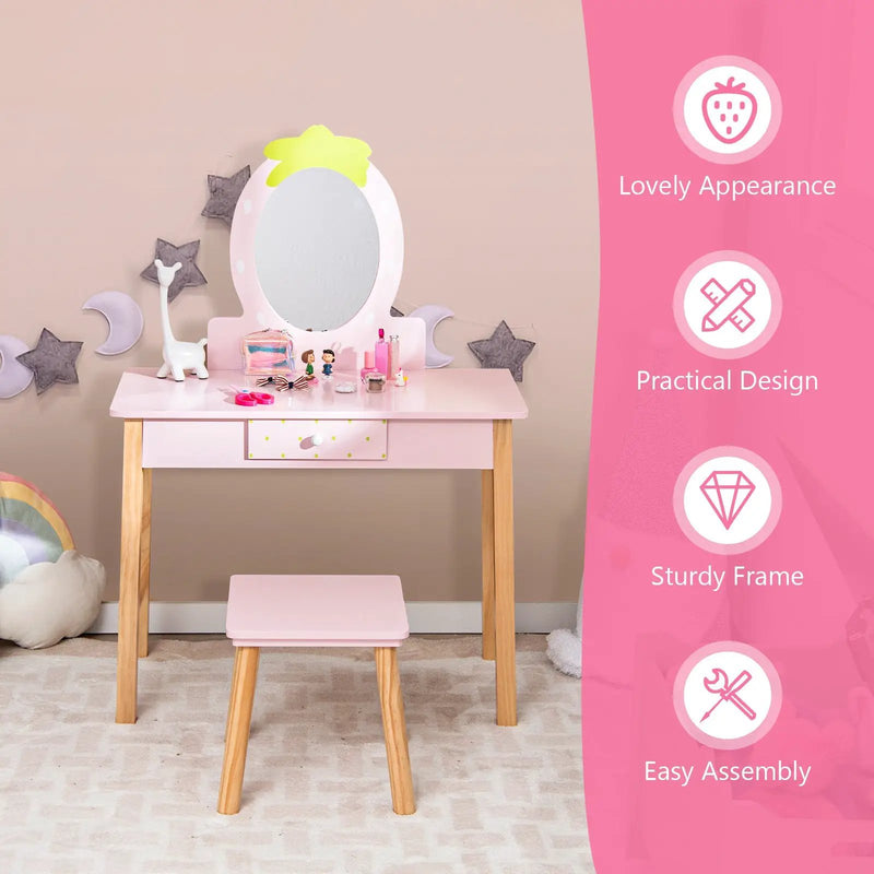 2-in-1 Children Vanity Table Stool Set with Mirror-Pink by DirectDeals