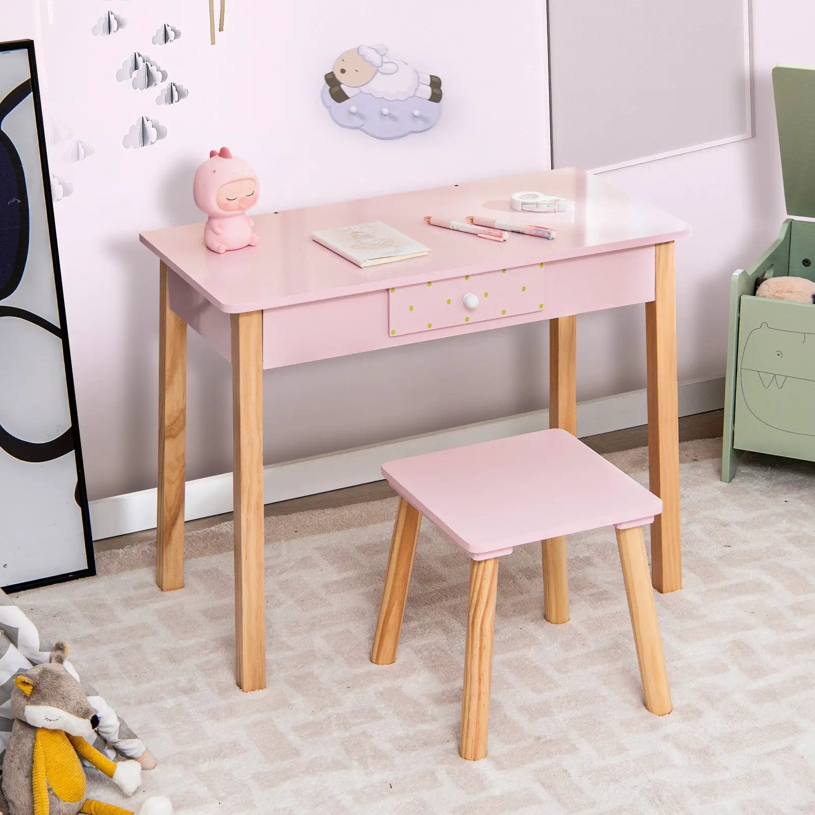 2-in-1 Children Vanity Table Stool Set with Mirror-Pink by DirectDeals