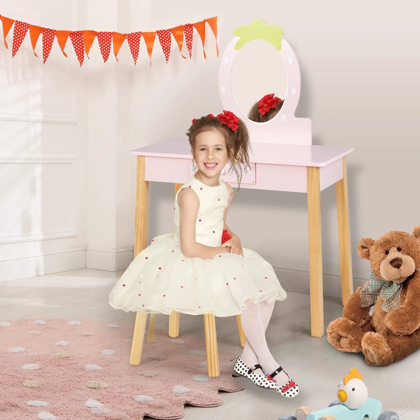 2-in-1 Children Vanity Table Stool Set with Mirror-Pink by DirectDeals