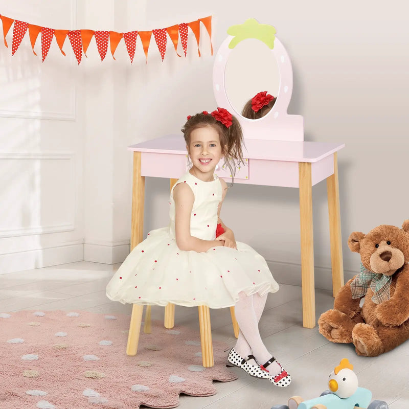 2-in-1 Children Vanity Table Stool Set with Mirror-Pink by DirectDeals