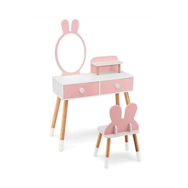 Kids Vanity Table and Chair Set with Drawer Shelf and Rabbit Mirror by DirectDeals