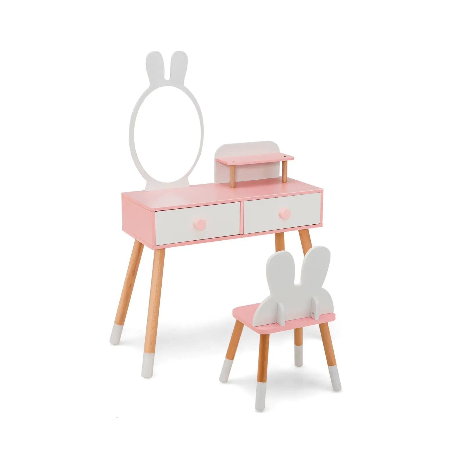 Kids Vanity Table and Chair Set with Drawer Shelf and Rabbit Mirror by DirectDeals
