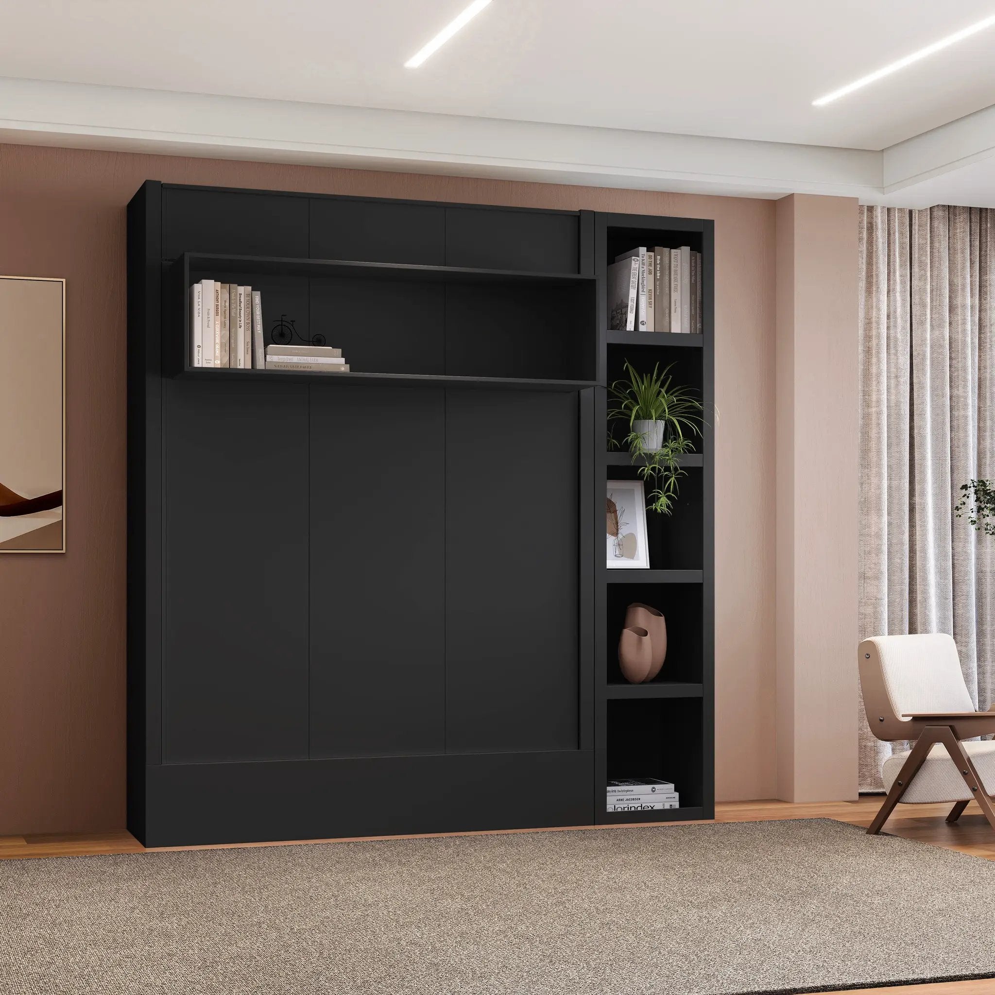 Easy-Lift Full Murphy Wall Bed in Black with Bookshelf by Sharicks