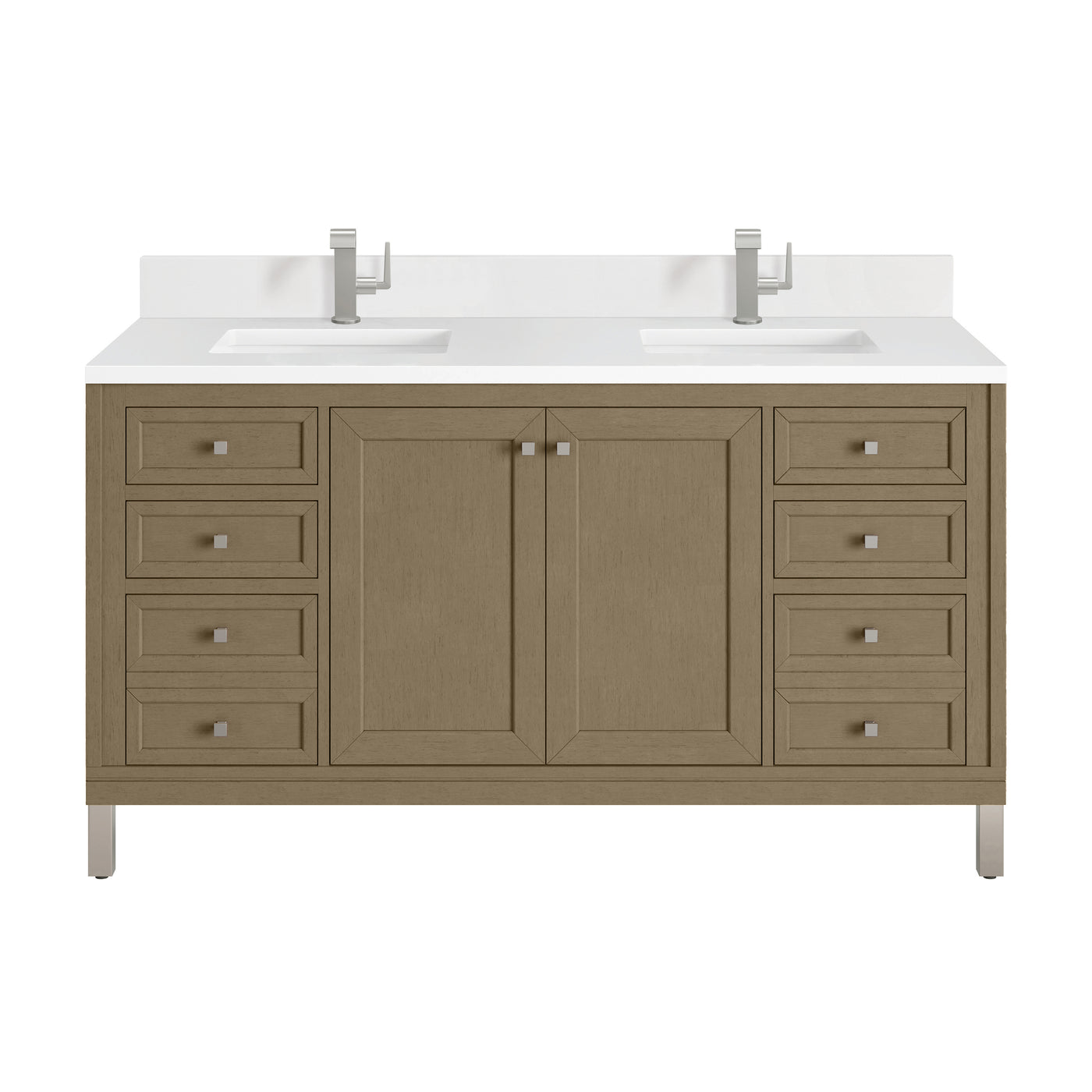James Martin Chicago 60" Double Bathroom Vanity, Walnut Whisper with White Zeus (Single Hole, with Backsplash) countertop