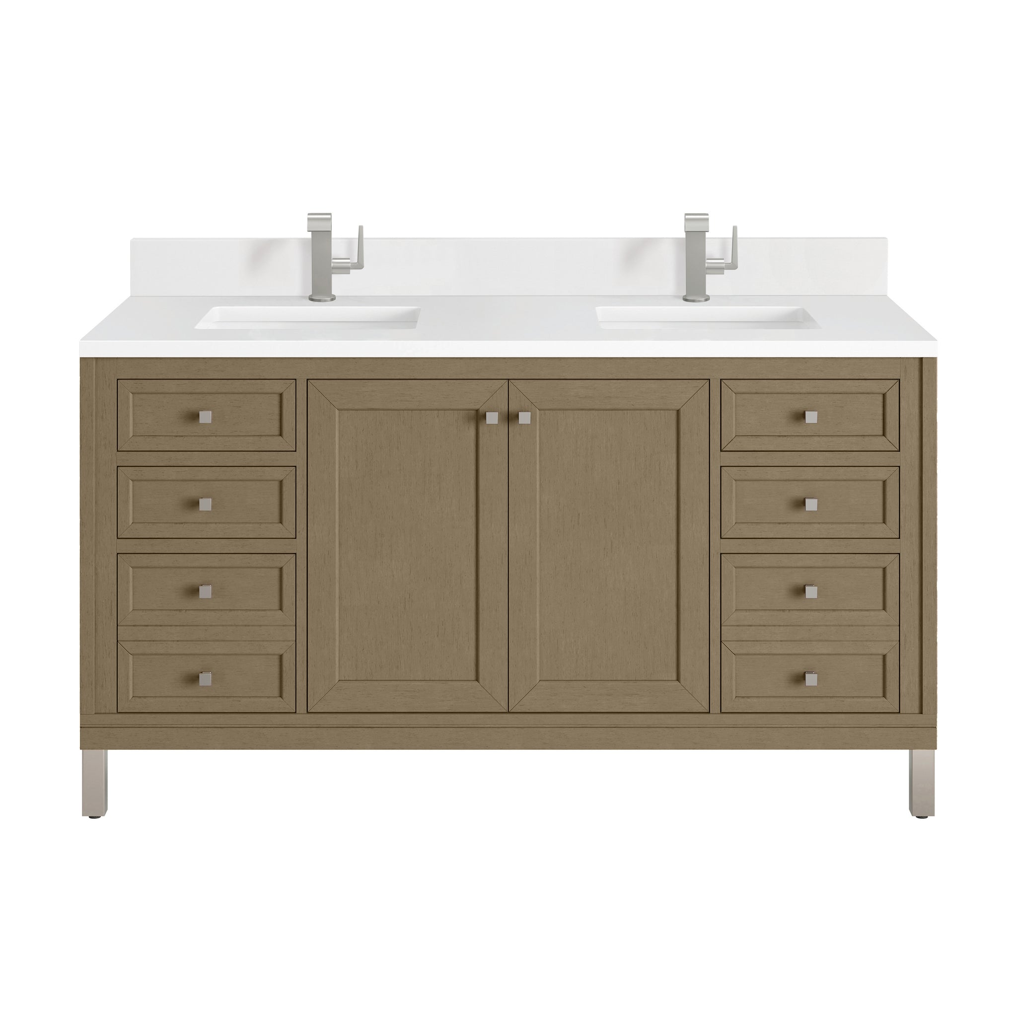 James Martin Chicago 60" Double Bathroom Vanity, Walnut Whisper with White Zeus (Single Hole, with Backsplash) countertop