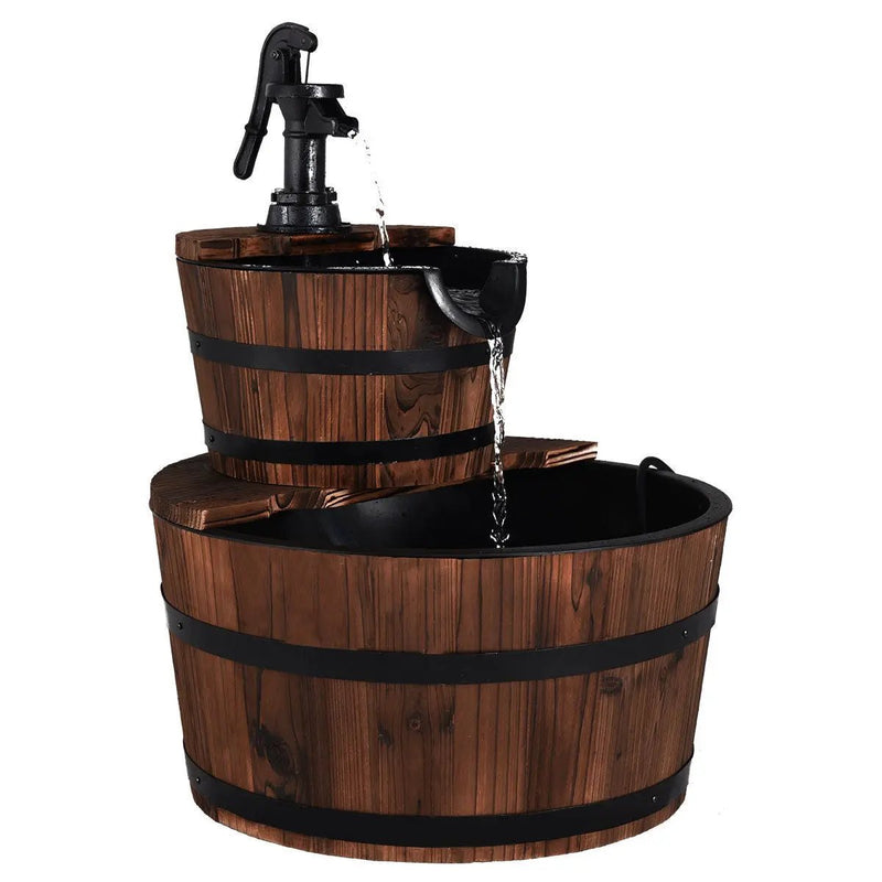 2-Tiers Outdoor Wooden Barrel Waterfall Fountain with Pump by DirectDeals