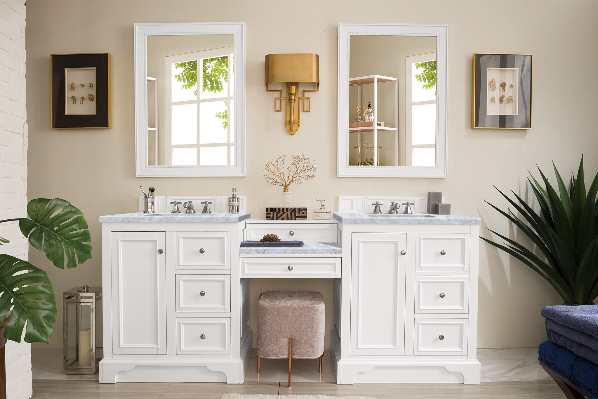 James Martin De Soto 82" Double Bathroom Vanity, Bright White with Carrara White countertop