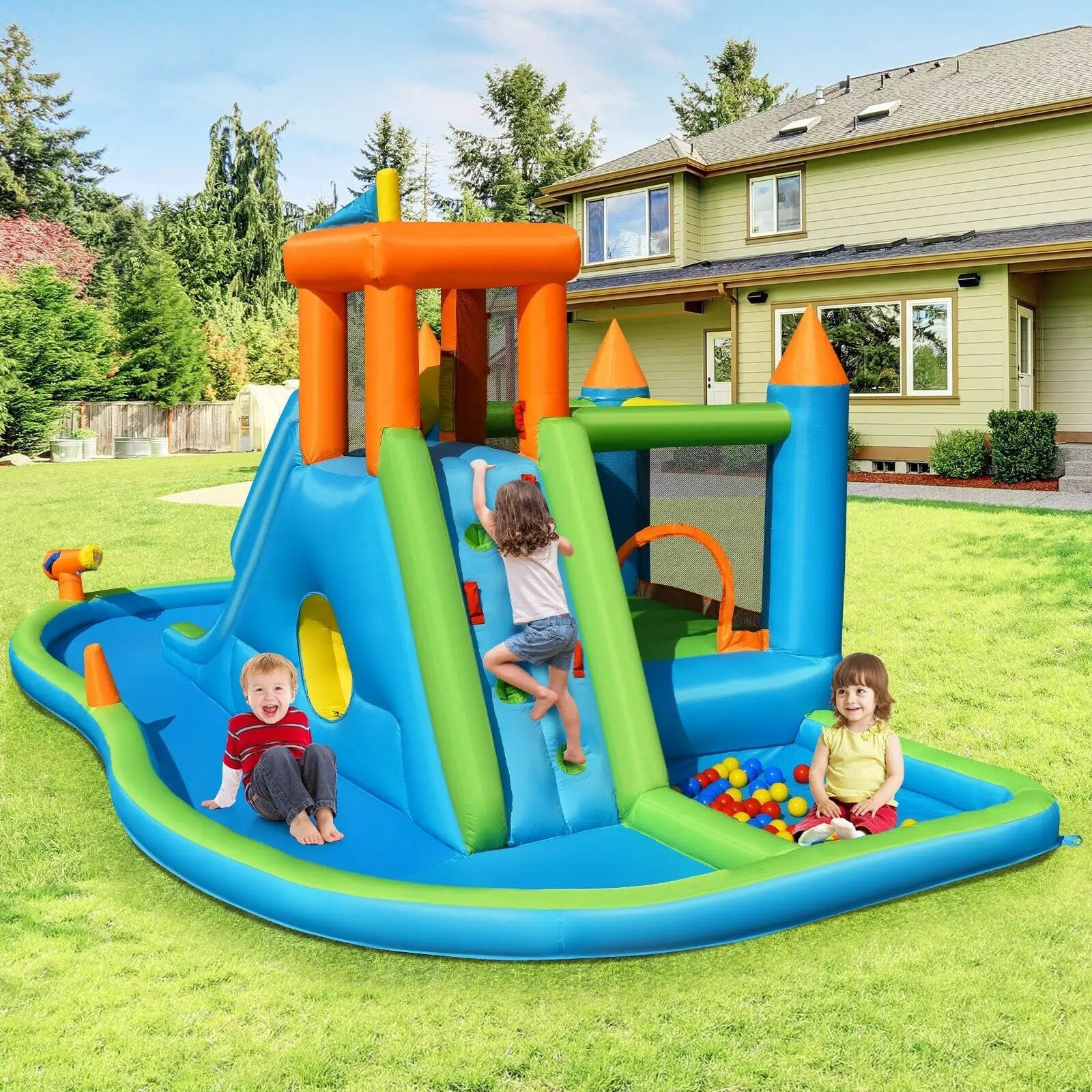 Inflatable Water Slide Kids Bounce House Splash Water Pool with 735W Blower by DirectDeals