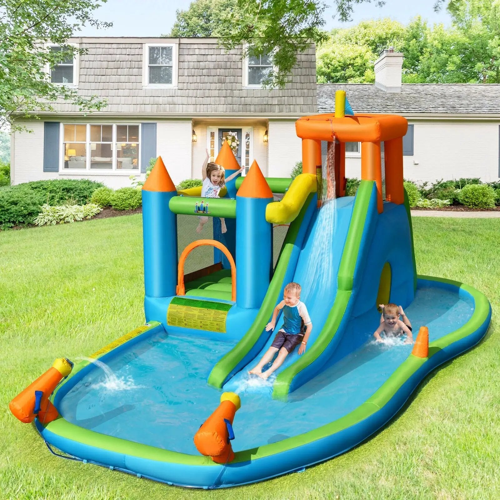 Inflatable Water Slide Kids Bounce House Splash Water Pool with 735W Blower by DirectDeals