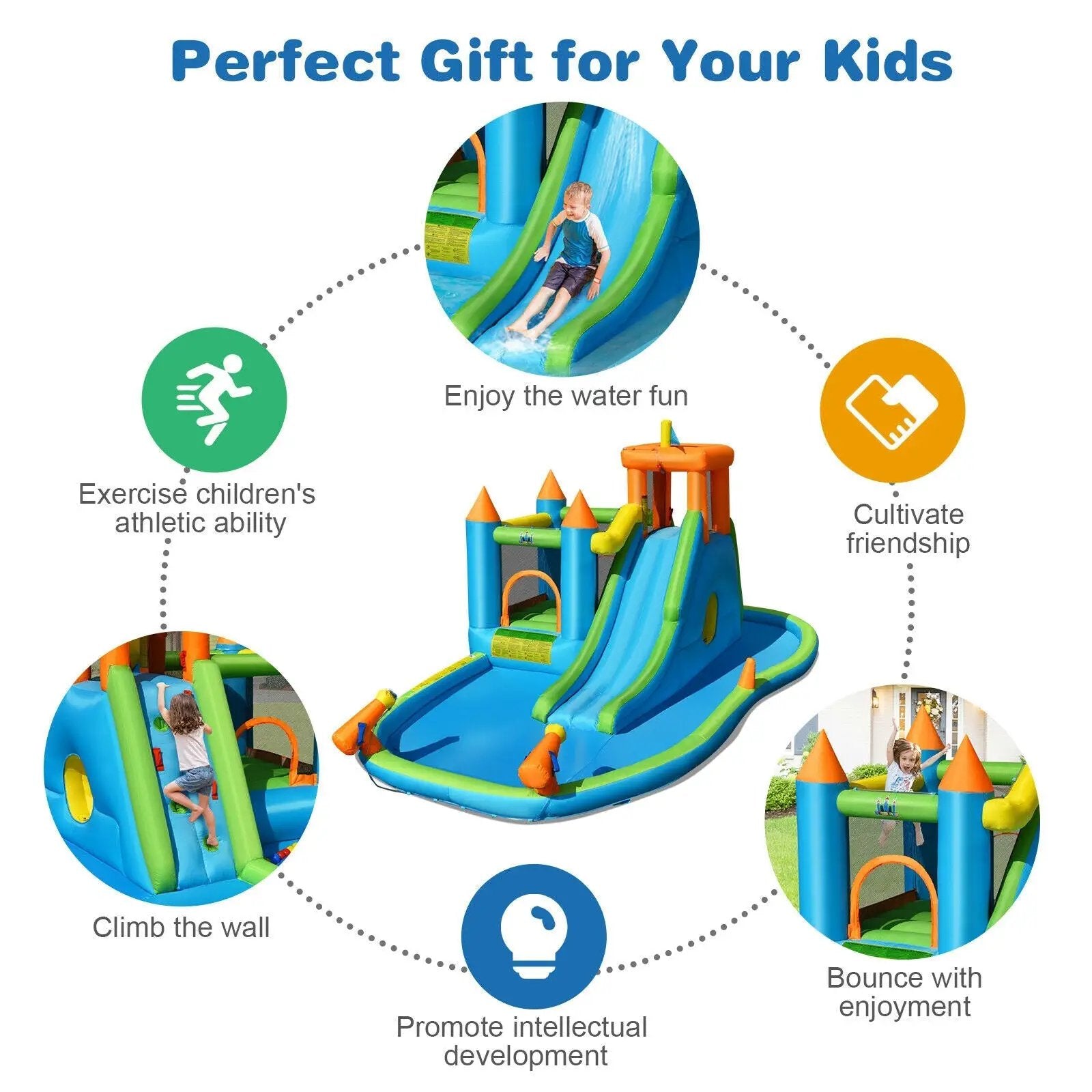 Inflatable Water Slide Kids Bounce House Splash Water Pool with 735W Blower by DirectDeals