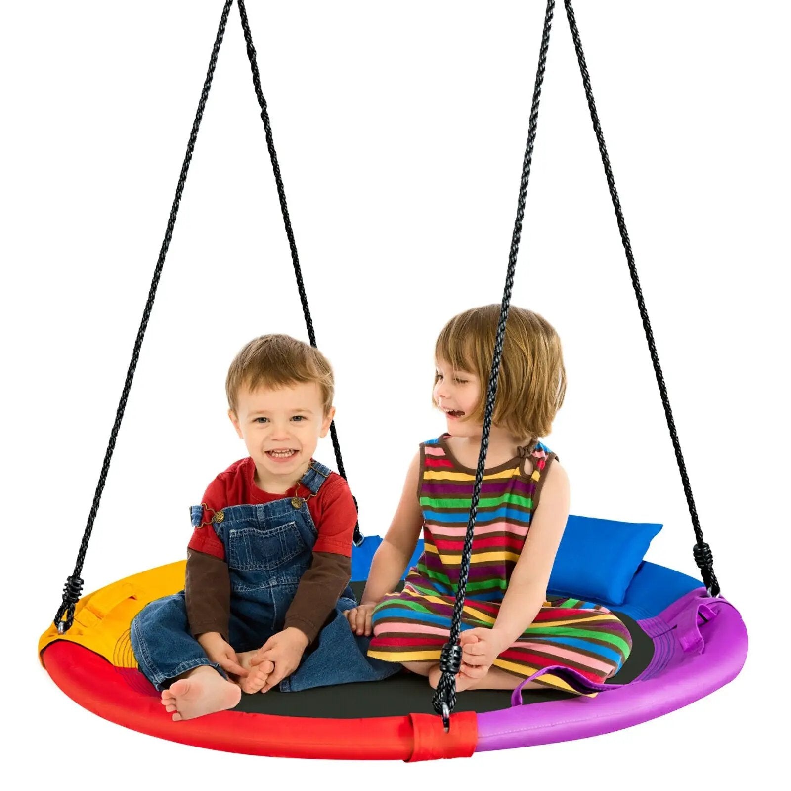 40 inch Saucer Tree Outdoor Round Platform Swing with Pillow and Handle-Multicolor by DirectDeals
